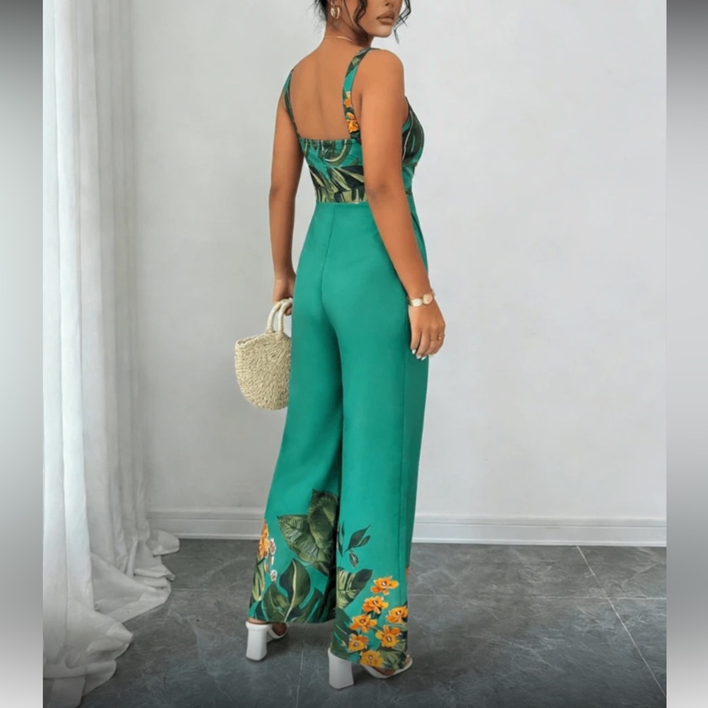 Tropical Green Twist-Front Wide-Leg Jumpsuit - Picture 4 of 8
